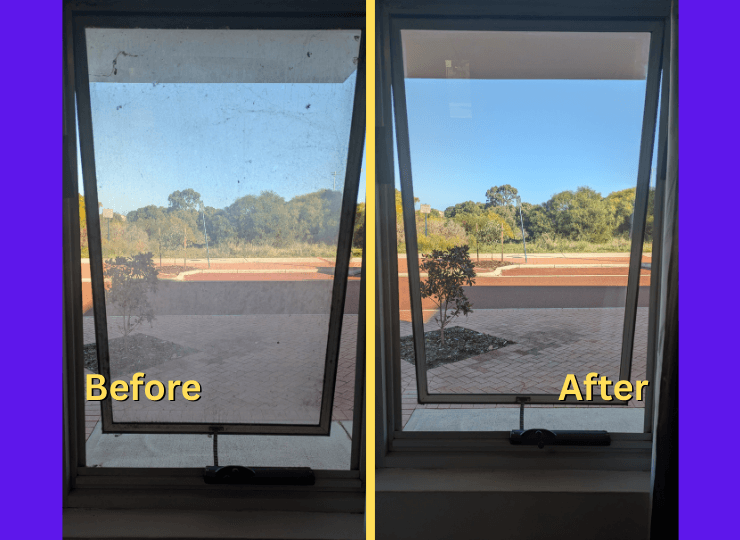 Before and after of clean windows on a two-storey home in Joondalup