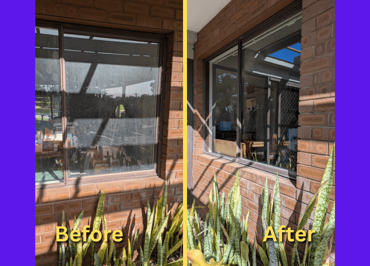 Before and after of a new window covered in construction dust