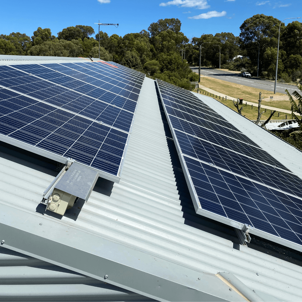 A professional using a water-fed pole to safely clean solar panels.