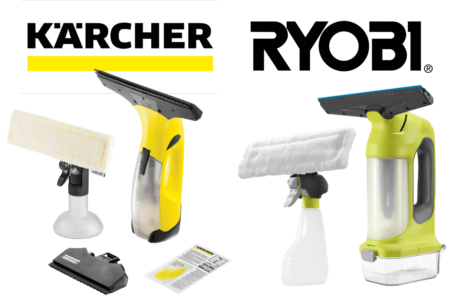 A Kärcher and a Ryobi window vacuum side-by-side.