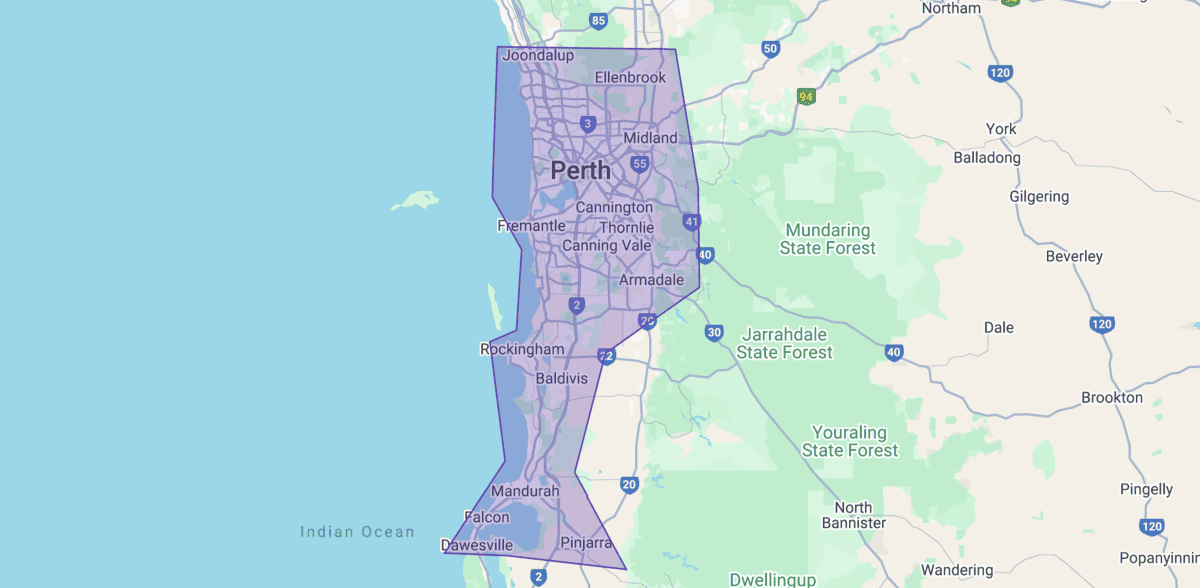 Map of Perth Window Cleaning Co. service area, including Joondalup, Fremantle, and Mandurah.