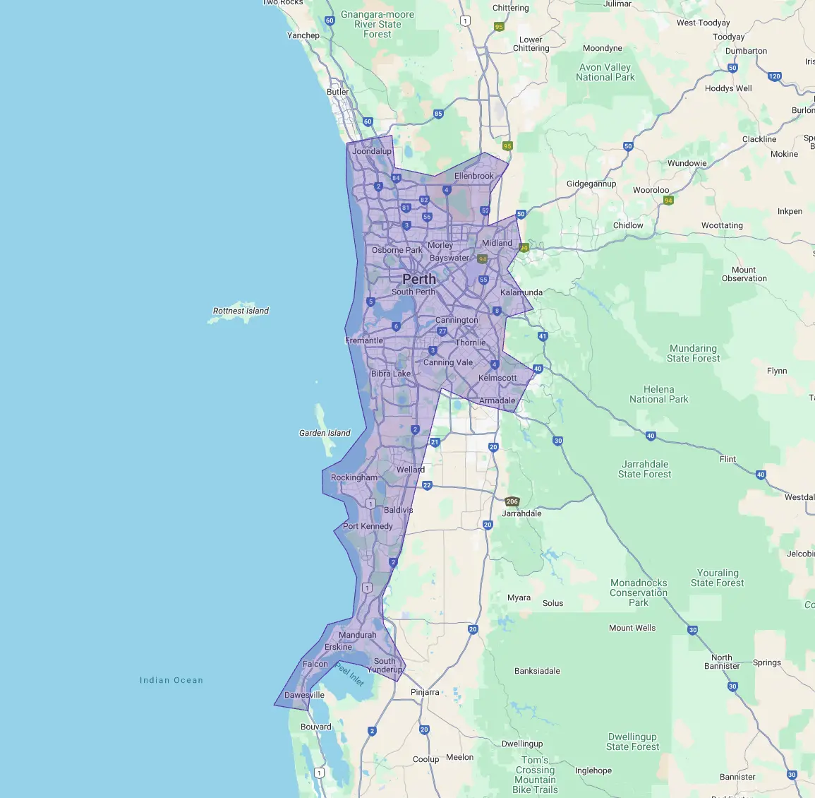Map of Perth Window Cleaning Co. service area, highlighting from Joondalup to Mandurah.