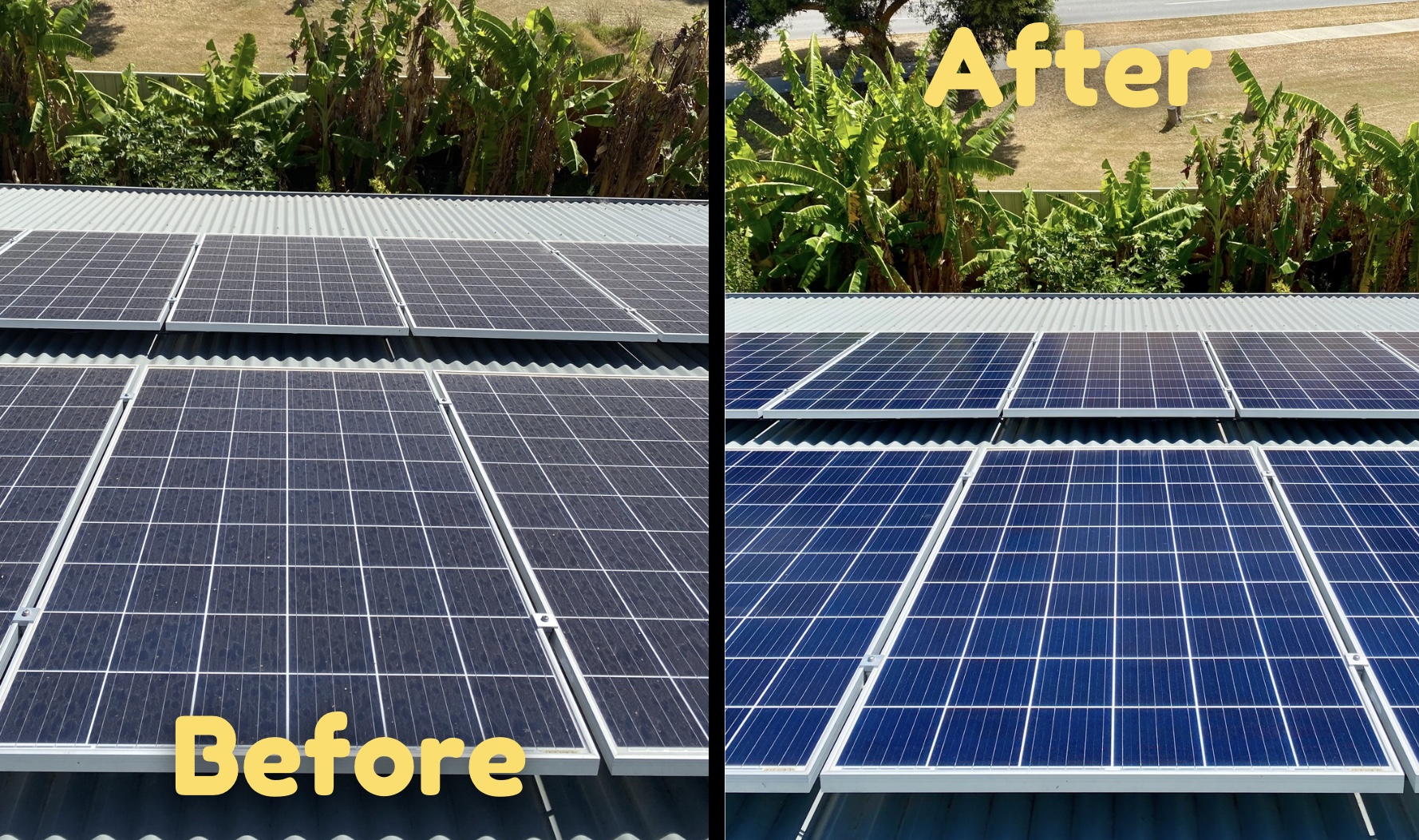 Dirty solar panels on a Perth roof before being professionally cleaned.